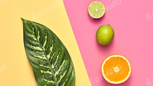 Preview: Minimal vivid tropical palm leaf and fresh fruits. Tropical mix grocery composition. Health fruity v