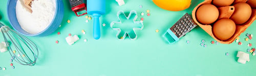 Preview: Banner with Baking or cooking ingredients. Bakery frame. Dessert ingredients and utensils.