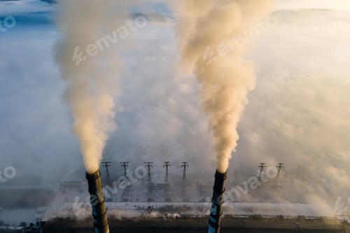Preview: Aerial view of coal power plant high pipes with black smoke moving up polluting atmosphere