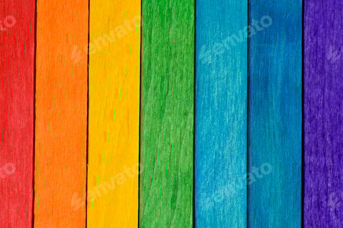 Preview: Rainbow LGBT pride flag crafted from painted wooden boards.