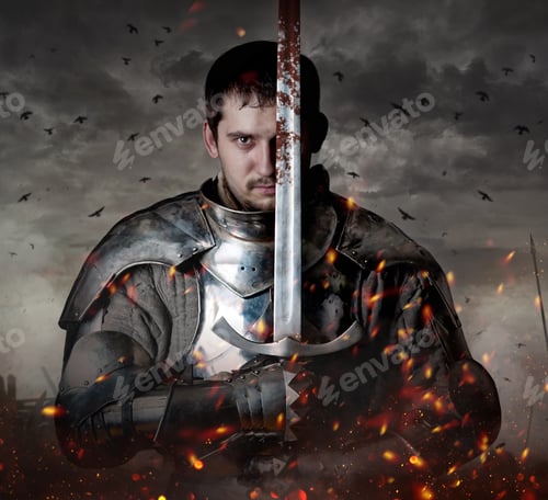 Preview: Portrait of a knight with sword on batllefield.