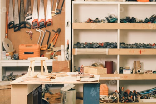 Preview: Wood workshop tools studio, Wooden furniture factory, Wood industry workplace nobody for background.
