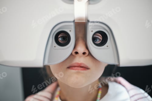 Preview: Portrait of Child Undergoing Eye Examination with Phoropter Device