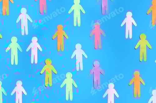 Visualização: figuras humanas de papel diferentes sobre fundo azul claro