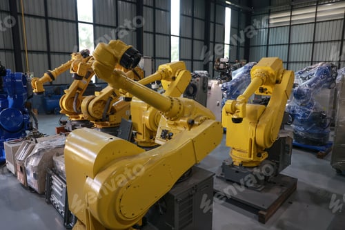 Preview: Automated robotic arms lined up in a high-tech manufacturing plant ready for production