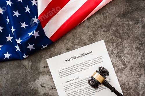 Preview: Document of last wills and testament, background with gavel of a lawyer and American flag.