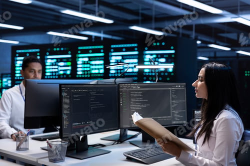 Preview: Team of engineers in data center checking emergency procedures documents