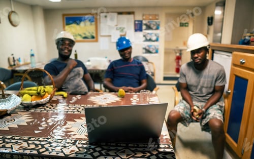 Preview: Seamen crew onboard a ship or vessel having fun watching movie