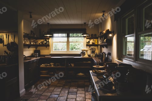 Preview: Interior view of kitchen with stone tile floor, wooden ceiling and two sash windows, antique wooden