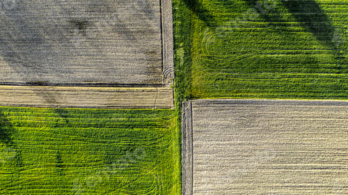 Preview: Aerial view of a plowed agricultural field with green and gray colored land