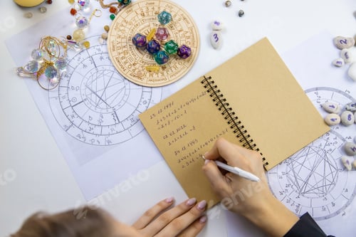 Preview: Woman numerologist astrologer counts numbers. Selective focus.