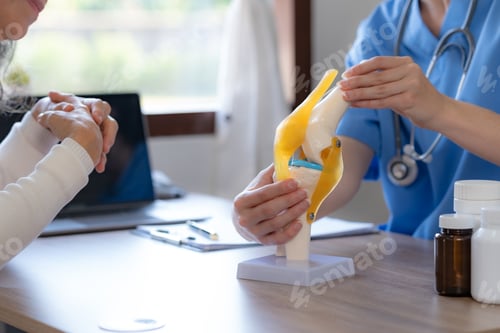 Preview: Female doctor who is explaining the treatment method of the knee joint to the woman patient