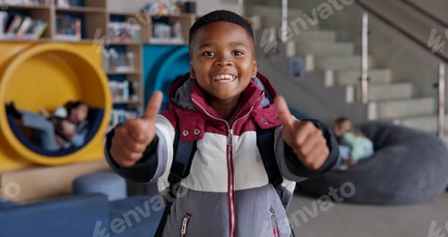 Preview: Student, child and thumbs up in portrait, academy and class for break, lesson or recess at campus o