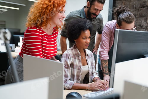 Preview: Diverse group of professionals meeting in office. IT programmers use computer, talk strategy