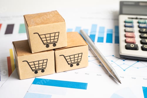 Preview: Shopping cart logo on box with magnifying glass on graph background. Banking Account