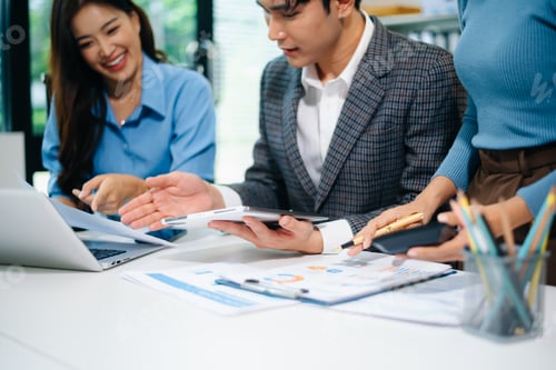 Preview: Asian business professionals discussing strategy and teamwork in office, showing leadership,