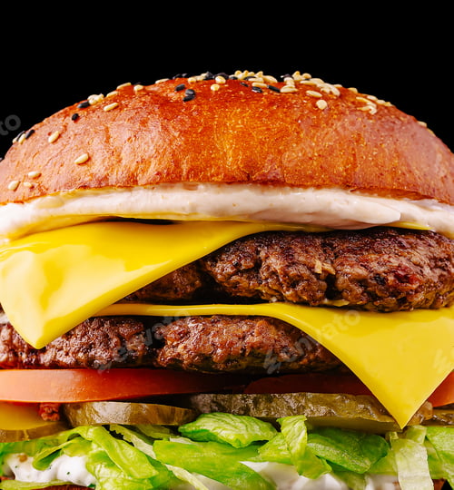 Preview: Juicy double cheeseburger with fresh toppings on a sesame seed bun