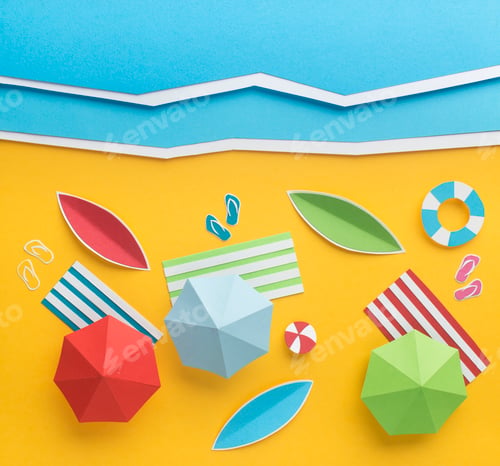 Preview: Bright umbrellas and sunbeds disorderly located on the beach