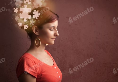 Preview: Young Person Thinking With Glowing Puzzle Mind On Grungy Background