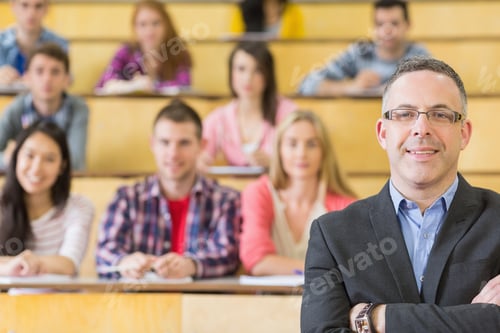 Preview: Portrait Of An Elegant Teacher With Students Sitting At The College Lecture Hall