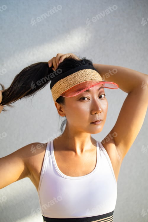 Preview: Fitness Concept. Happy asian woman doing exercises