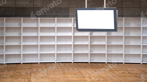 Preview: Room with an empty white bookcase and a screen