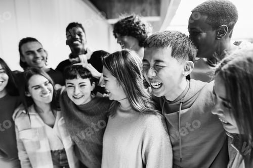 Preview: Young group of friends having fun outdoor - Focus on asian guy face - Black and white editing