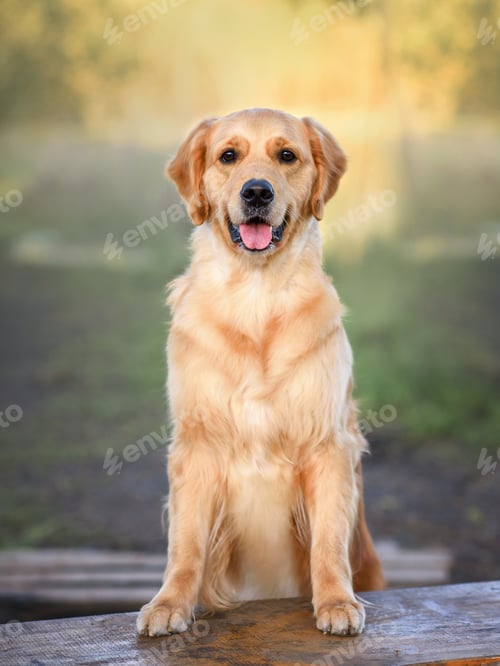 Preview: Beautiful dog golden retriever labrador sits in the grass in spring for a walk