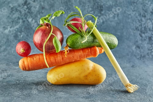 Preview: A gourmet food composition with colorful vegetables on a purple background