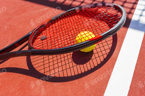 Preview: Tennis balls and racket on the grass court