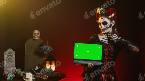 Preview: Goddess of death holding laptop with greenscreen