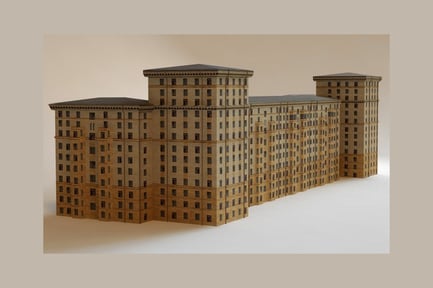 Preview: Multi-story building with gridded facade and offset levels