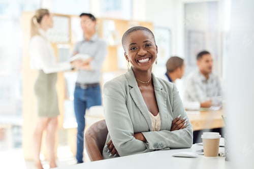 Preview: Portrait, business woman and proud leader working at corporate job in office, happy and excited. Bl