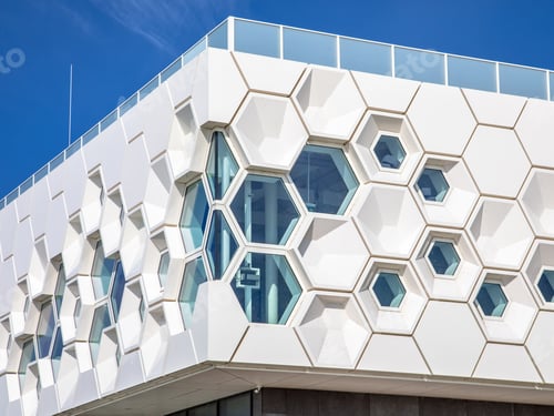 Preview: Closeup of modern facade of geometric architecture