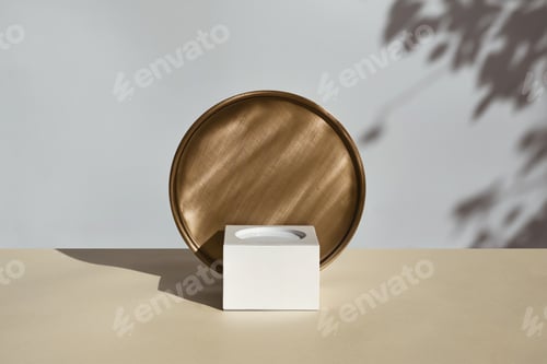 Preview: Empty geometric white podium with round plate, shadows from plant branches