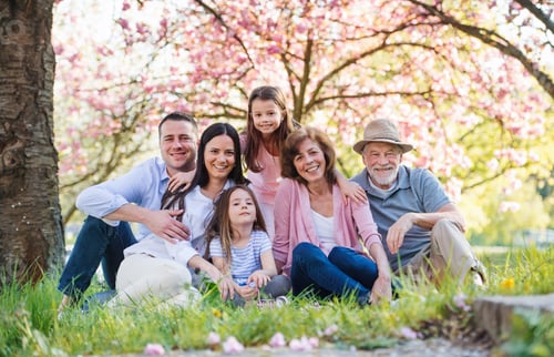 Preview: Three generation family sitting outside in spring nature, looking at camera