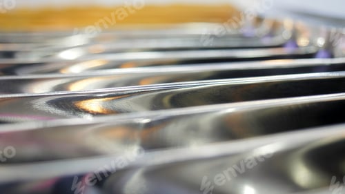 Preview: Close-up of metal grid of generator. Media. Lines of steel grid in generator coil. Metal grating