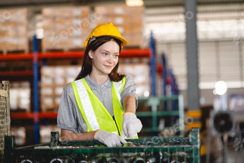 Preview: woman engineer inspection check control heavy machine robot arm construction installation