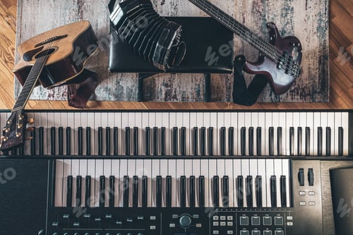Preview: Piano keys, acoustic guitar, top view, musician's workplace.