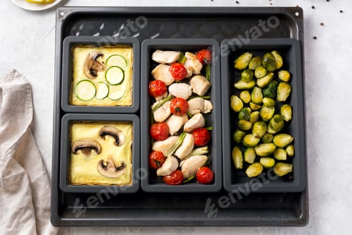 Preview: Omelet baked on a baking sheet with mushrooms, broccoli, chicken breast with tomatoes