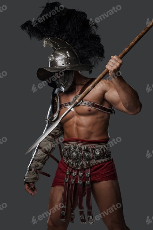 Preview: Gladiator spearman throwing spear against gray background