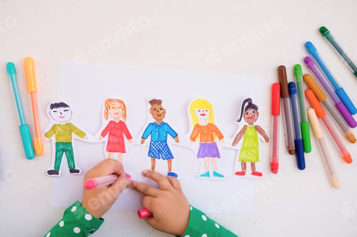 Preview: girl drawing with colored markers international kids of different races, Happy world children day