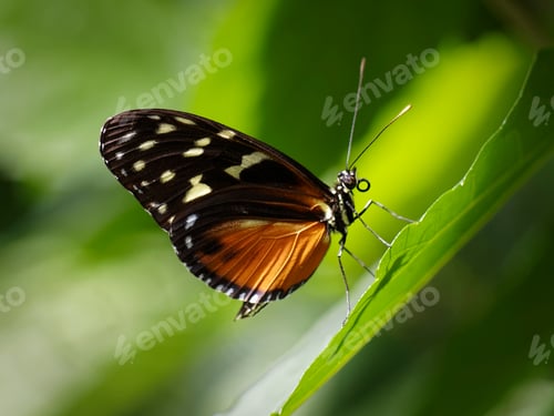 Preview: Striped black and orange butterfly perched on a vibrant green leaf
