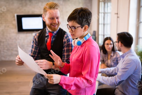 Preview: Company coworkers discussing ideas and brainstorming