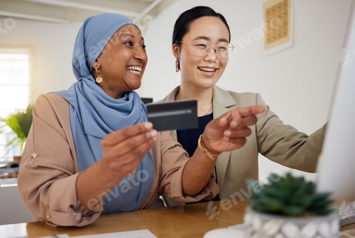Preview: Online shopping, credit card and woman at customer service desk for banking and talking to a consul