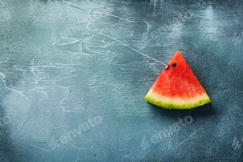 Preview: Slices of fresh watermelon with ice on a blue concrete background. Detox and vegetarian concept. Top