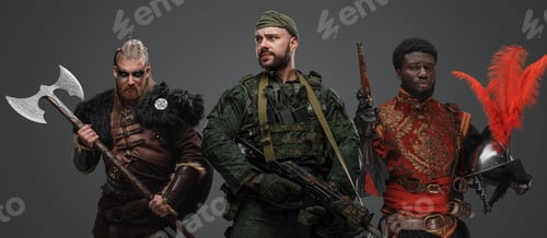 Preview: Military man with barbaric viking and conquistador on his sides