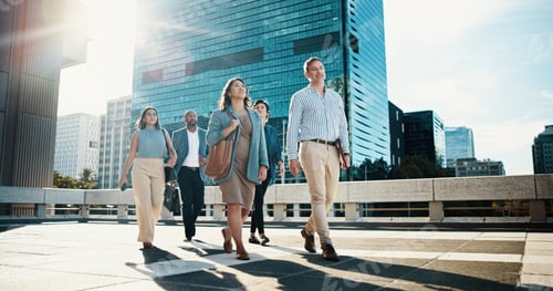 Preview: Corporate, walking and business people in city in discussion on morning commute, travel and journey
