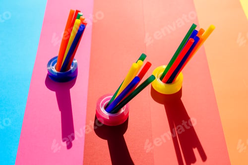 Preview: Colorful stationery isolated on colorful background for back to school viewed from above.