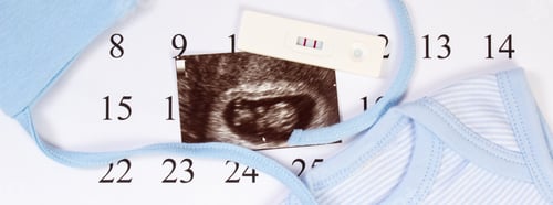Preview: Pregnancy test, ultrasound scan of baby and clothing for newborn on calendar, expecting for baby
